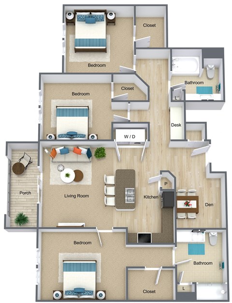 Floor plan for 3 beds, 2 baths, 1414 sqft